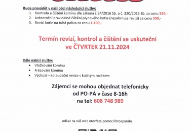 Termín revizí, kontrol a čištění se uskuteční ve ČTVRTEK 21.11.2024